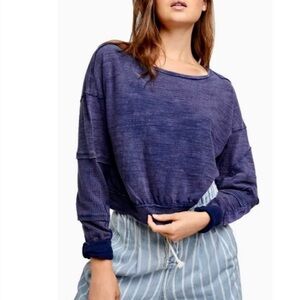 FREE PEOPLE Five Star Tee Vanguard Patch Top Sweatshirt in Blue Large